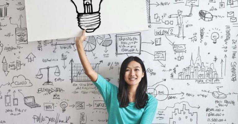 Solutions - Woman Draw a Light bulb in White Board